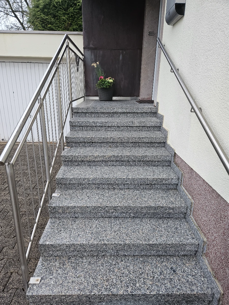 Reinigung pflastersteine an grauer Granitaußentreppe mit Edelstahlhandläufen vor Haustür