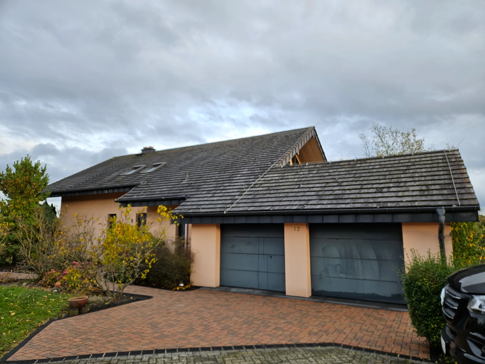 Modernes Wohnhaus mit Doppelgarage, bepflasterter Auffahrt und Büschen, Fokus auf Reinigung pflastersteine