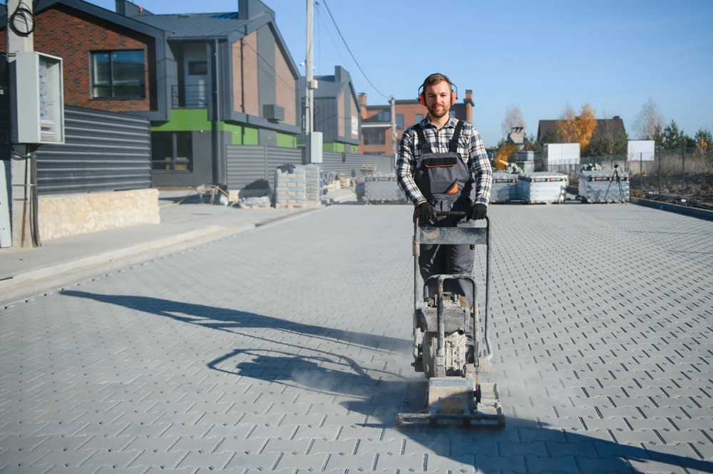 Arbeiter führt Vibrationsplatte zur Reinigung von Pflastersteinen auf Hof aus – Reinigung pflastersteine